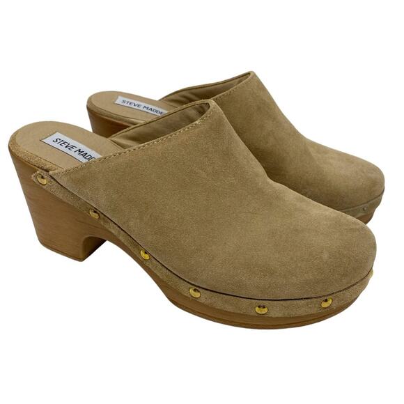 Steve Madden Shoes - Steve Madden platform tan leather suede clogs womens size 10 gold brads